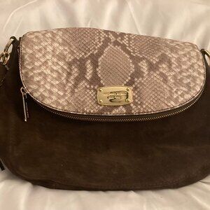 NWOT MICHAEL KORS Bedford Embossed Python Brown Suede Shoulder Handbag